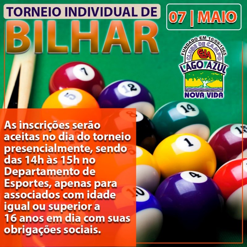 Amanhã tem torneio de bilhar no Lago Azul