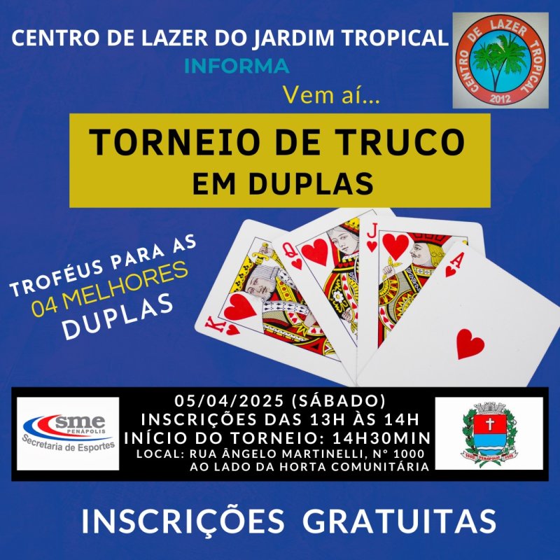 Secretaria de Esportes convida para Torneio de Truco no dia 5 de abril