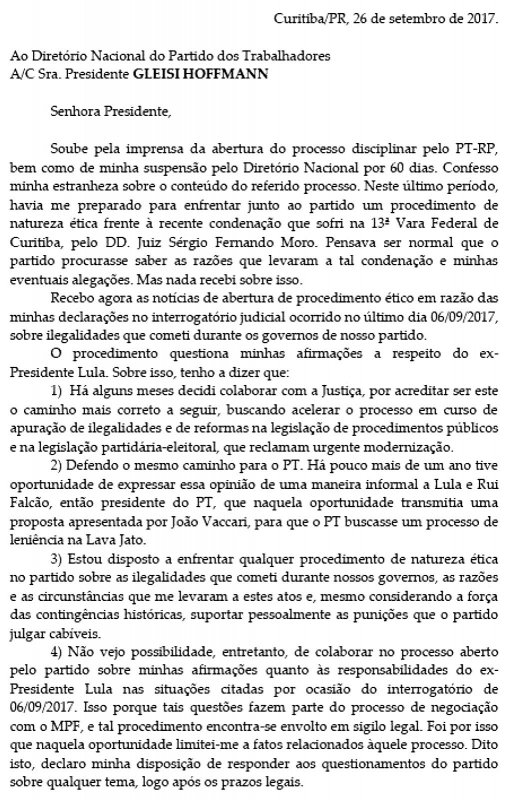 Confira o que diz a carta de Antônio Palocci ao se desfiliar do PT
