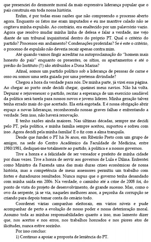 Confira o que diz a carta de Antônio Palocci ao se desfiliar do PT