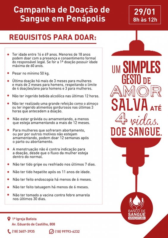 Coleta de sangue urgente será realizada amanhã