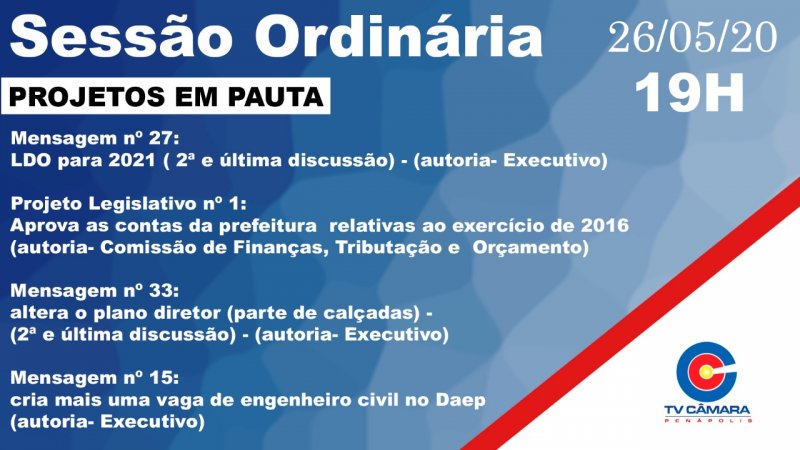 Câmara Municipal realizará sessão ordinária nesta terça-feira