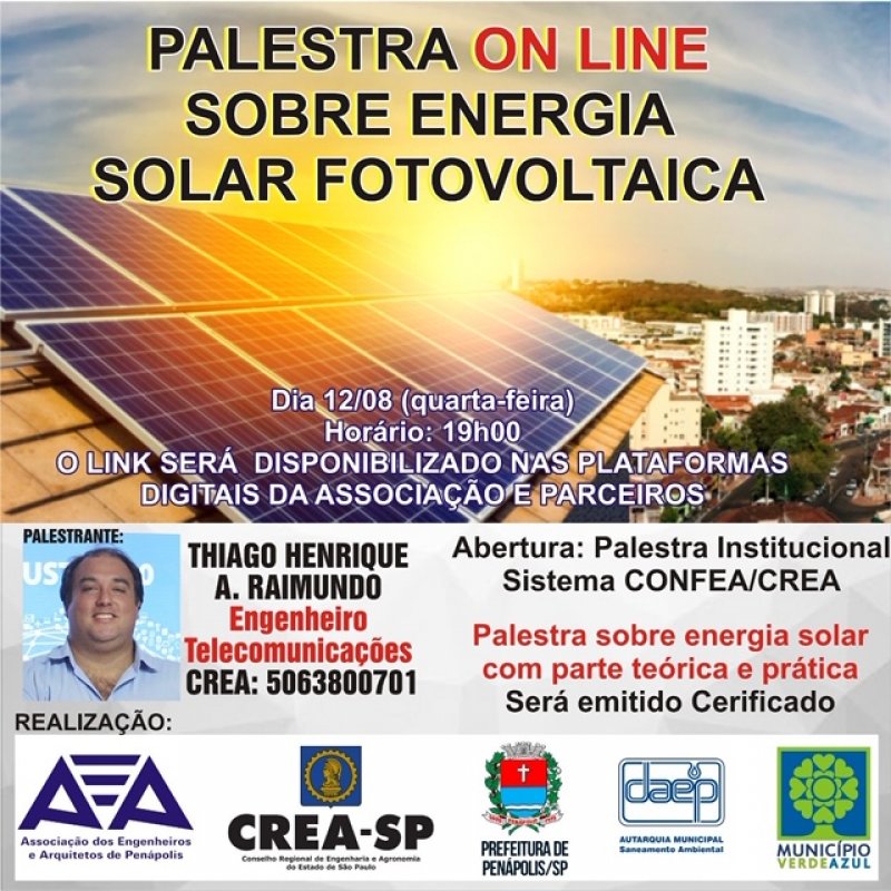 Palestra online hoje abordará energia fotovoltaica