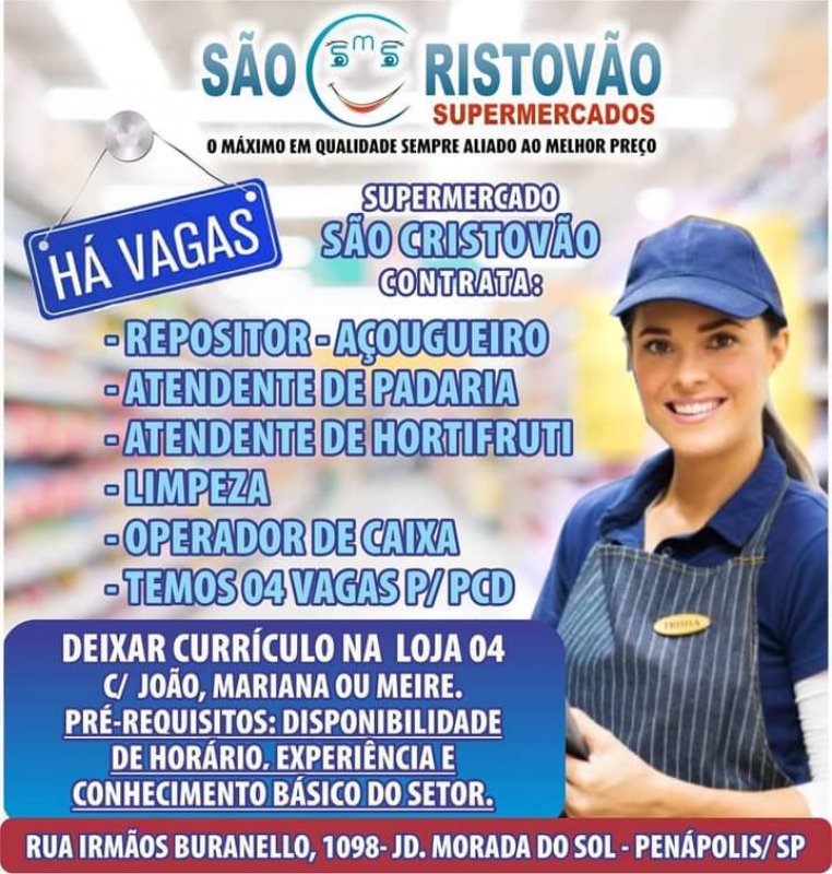 Supermercados São Cristóvão contratam funcionários para Penápolis