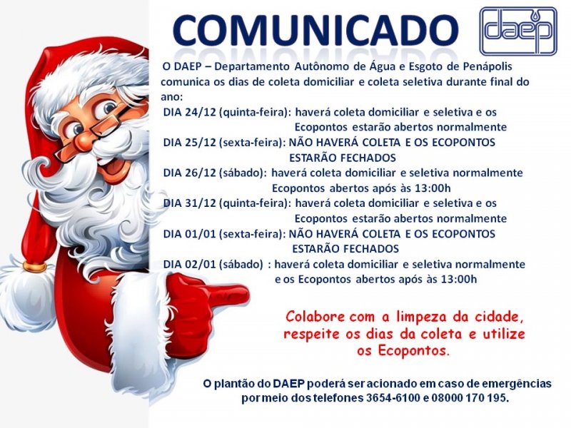 DAEP: Comunicado de coleta de lixo neste fim de ano