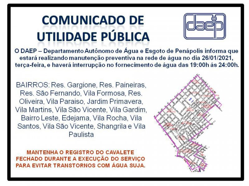Daep comunica nova interrupção no abastecimento de água hoje
