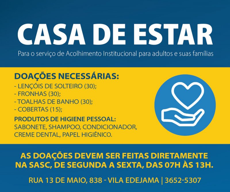Assistência Social pede doações ao programa Casa de Estar