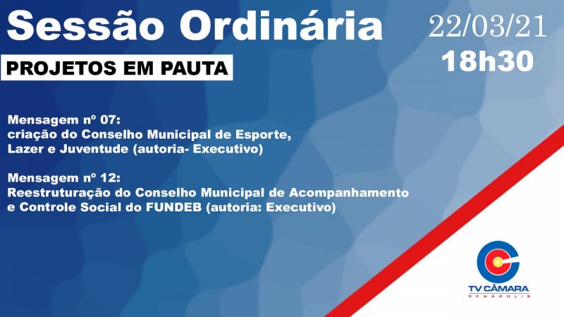 Câmara Municipal realizará sessão às 18h30 hoje
