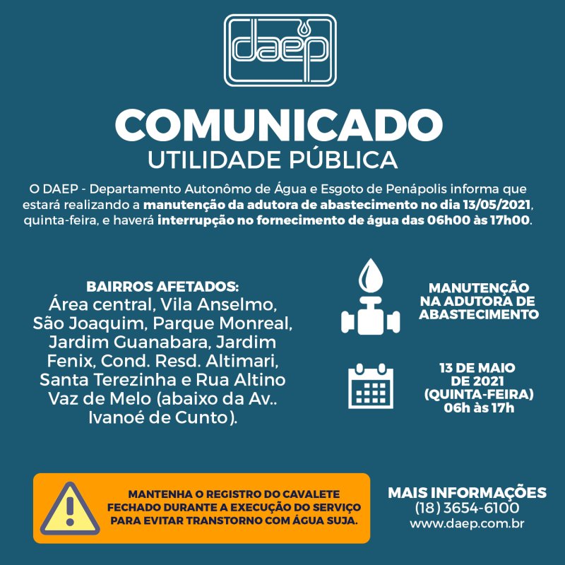 DAEP: COMUNICADO DE INTERRUPÇÃO DE ÁGUA NESTA QUINTA-FEIRA