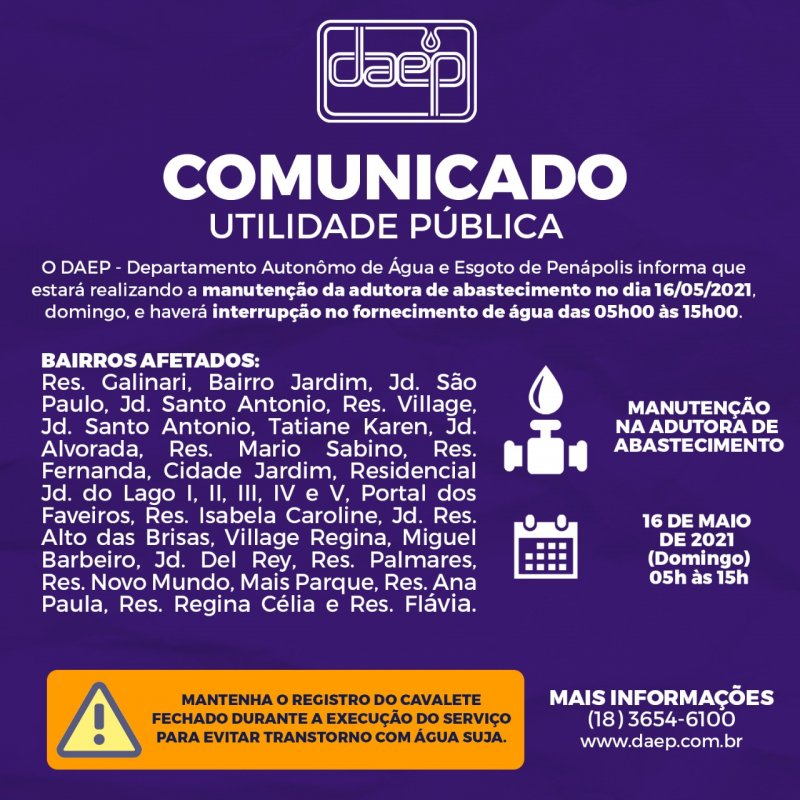 Daep comunica interrupção no fornecimento de água neste domingo