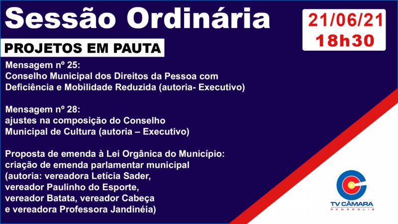 Câmara Municipal terá três projetos para votação nesta segunda-feira