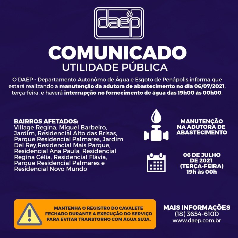 Daep comunica que haverá interrupção no fornecimento de água nesta terça-feira