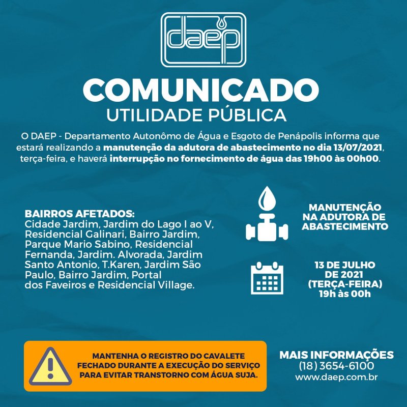 Daep comunica interrupção no fornecimento de água em diversos bairros