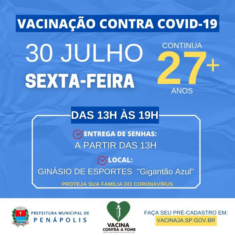 Continua vacinação contra Covid para pessoas a partir de 27 anos