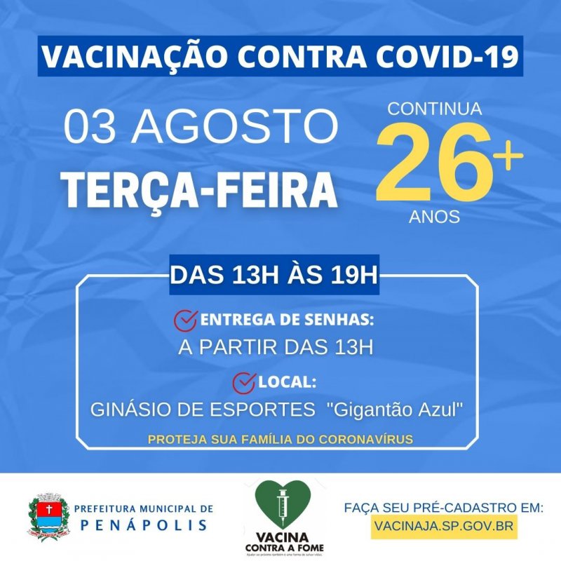 Continua vacinação contra Covid para pessoas a partir de 26 anos