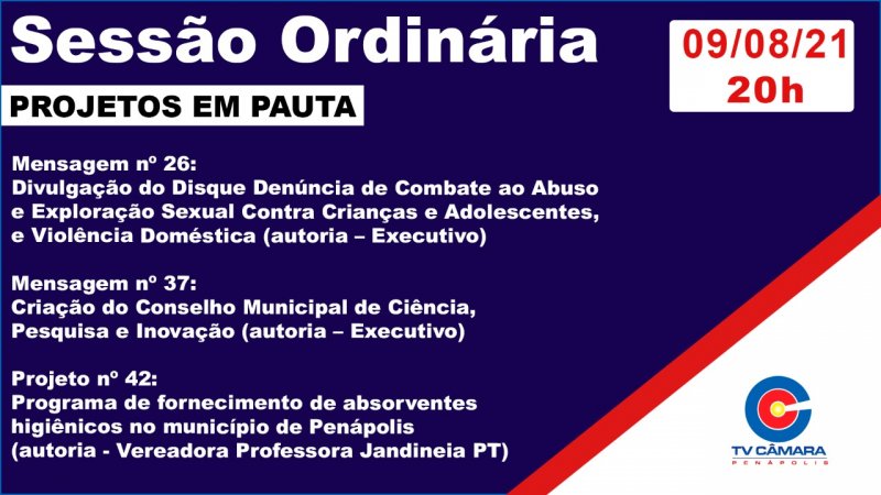 Câmara Municipal tem três projetos para votação nesta segunda-feira