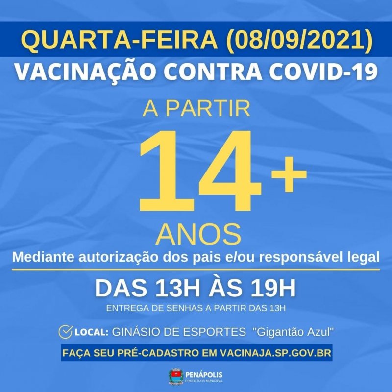 Covid-19: Adolescentes com 14 anos podem se vacinar nesta quarta-feira em Penápolis