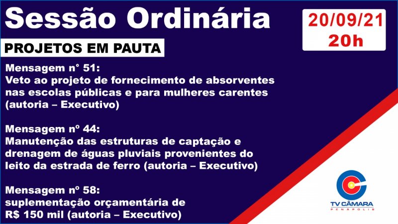 Câmara Municipal votará veto e dois projetos nesta segunda-feira