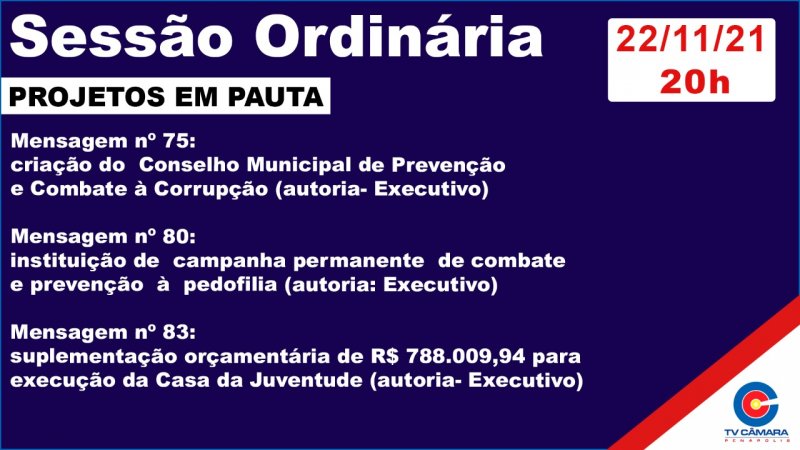 Câmara Municipal tem quatro projetos para votação nesta segunda