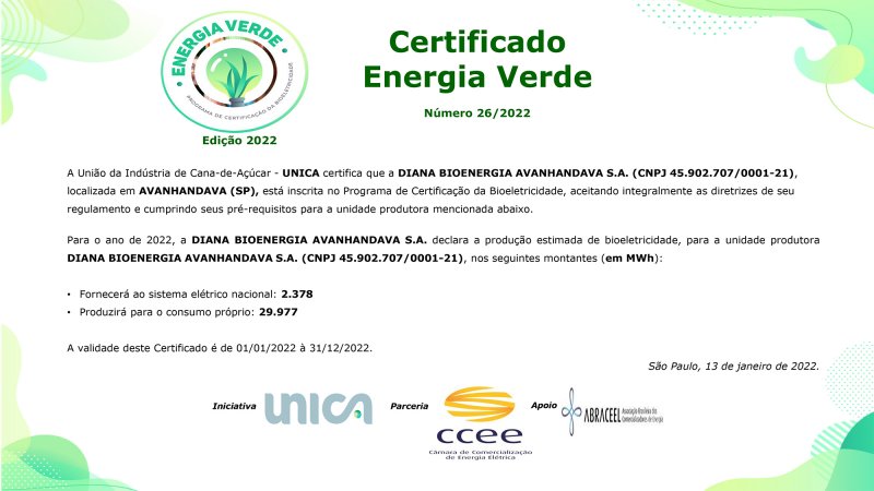 Diana Bioenergia recebe certificado Energia Verde