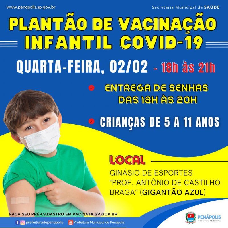 Covid-19: Penápolis terá outro “Plantão de Vacinação Infantil” hoje