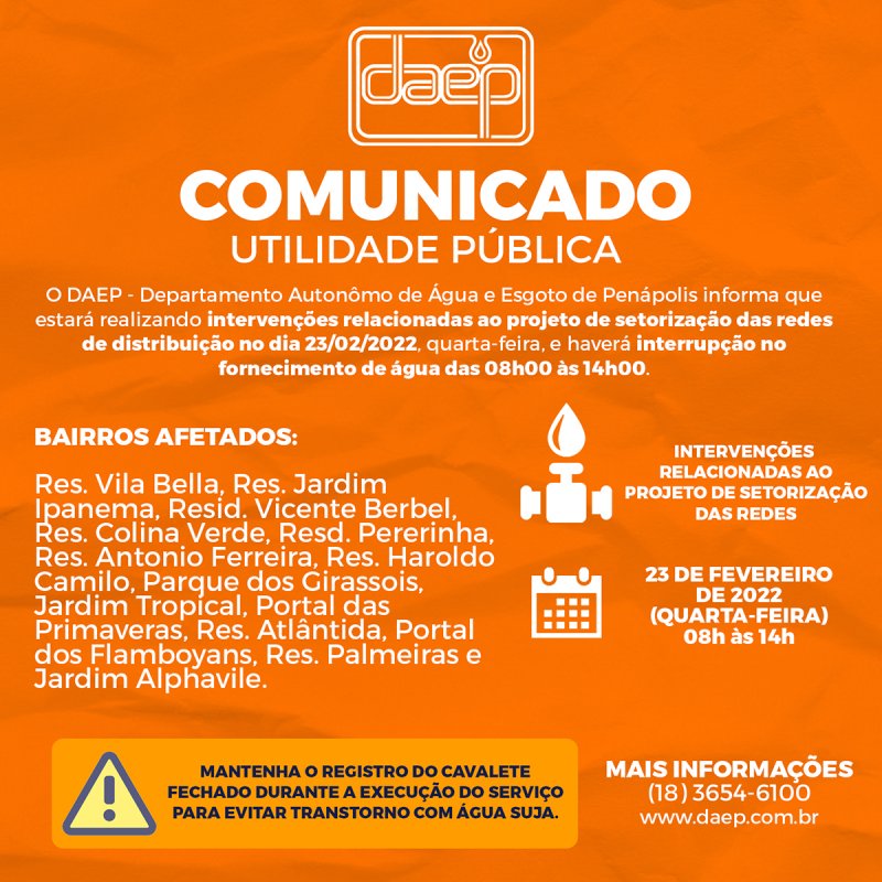 Bairros terão interrupção de água hoje e amanhã