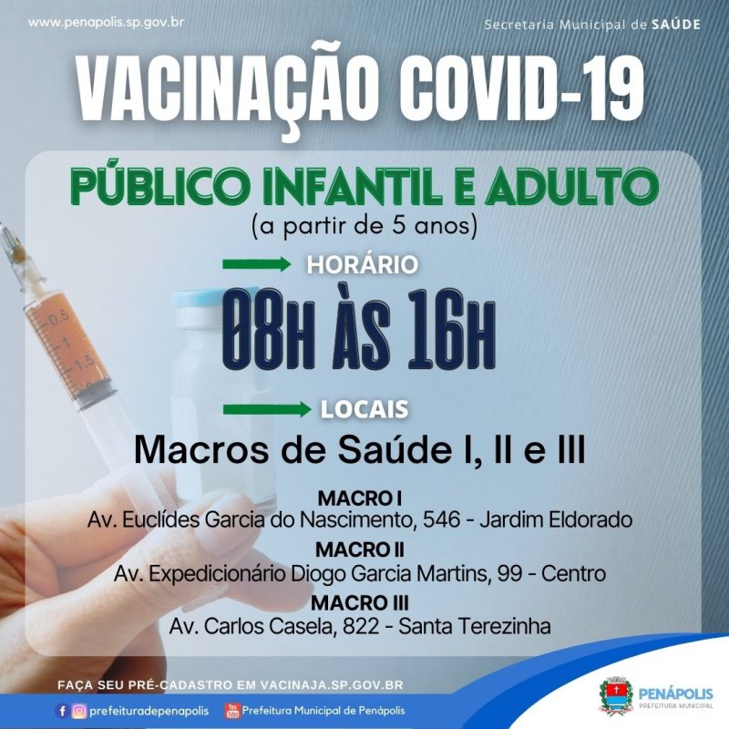 Covid-19: Vacinação infantil será nas Macros de Saúde a partir da próxima segunda-feira