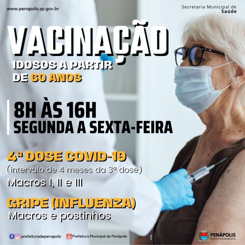 Saúde: Idosos maiores de 60 anos podem se vacinar contra Covid-19 e Gripe a partir de segunda-feira