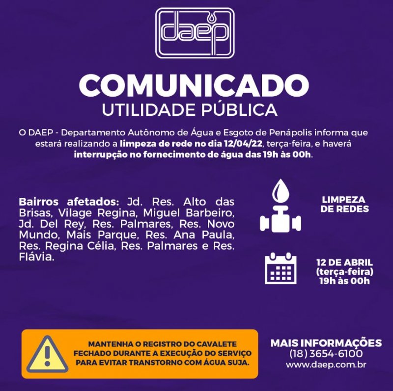 Daep informa que haverá interrupção no fornecimento de água nesta noite