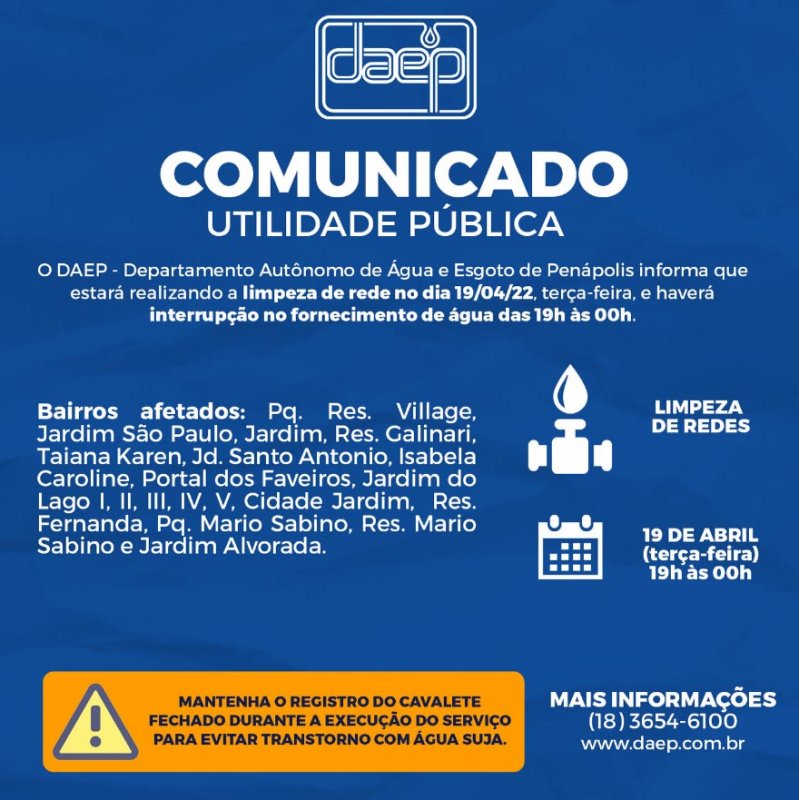 Daep comunica que haverá interrupção no fornecimento de água hoje