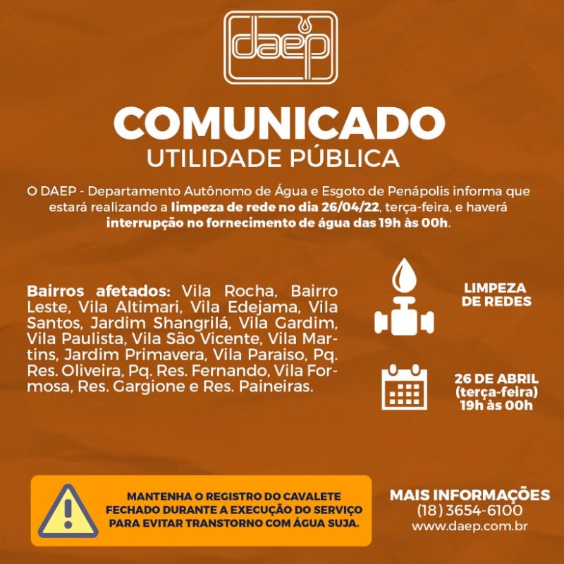 Interrupção no fornecimento de água acontece hoje em Penápolis