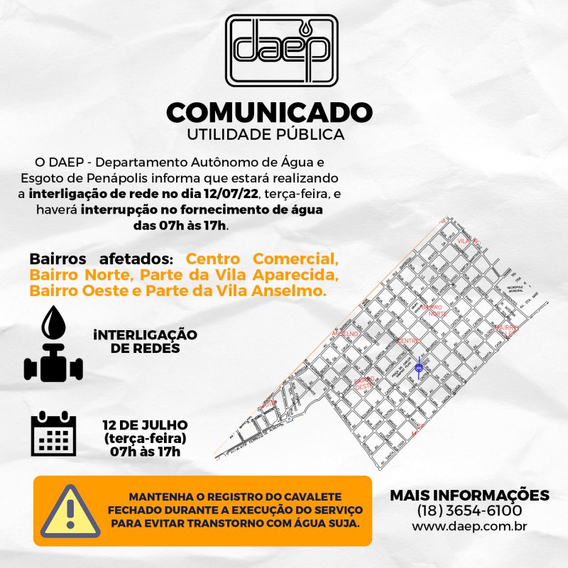 Daep comunica interrupção de água nesta terça e quarta-feira