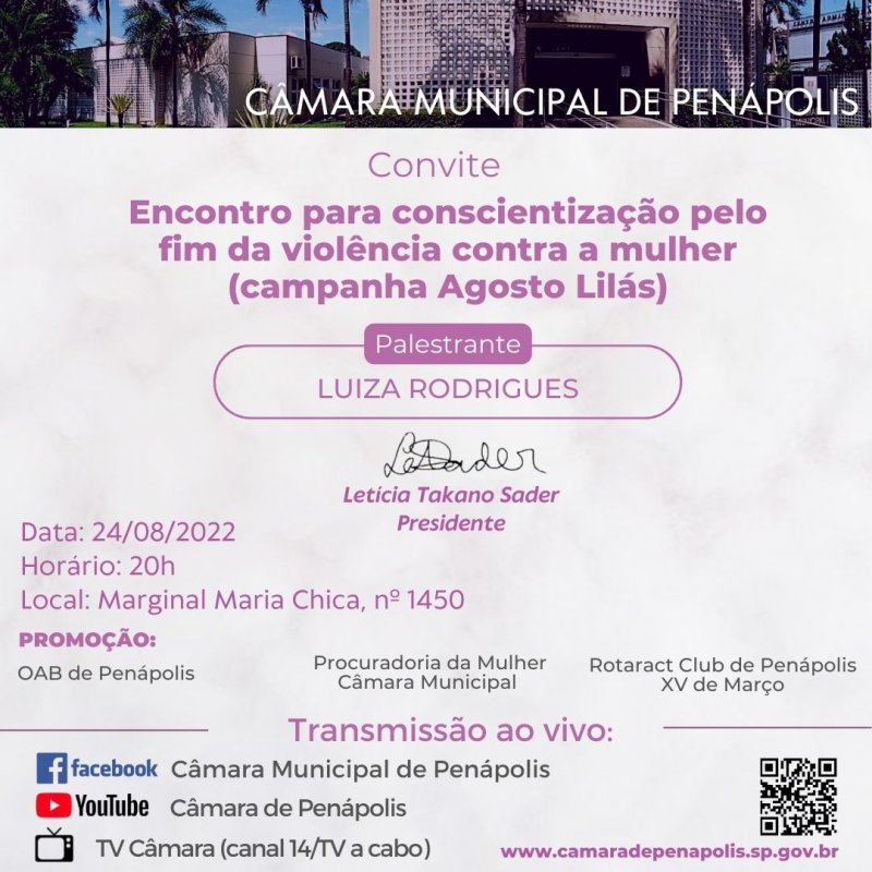 Câmara Municipal terá palestra de combate à violência contra a mulher