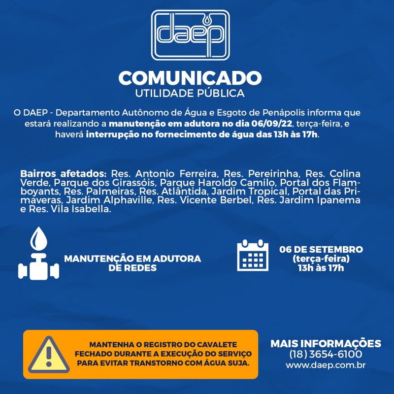 Daep comunica interrupção no fornecimento de água em diversos bairros nesta terça-feira