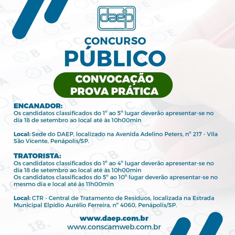 Daep convoca classificados do concurso para a prova prática de encanador e tratorista