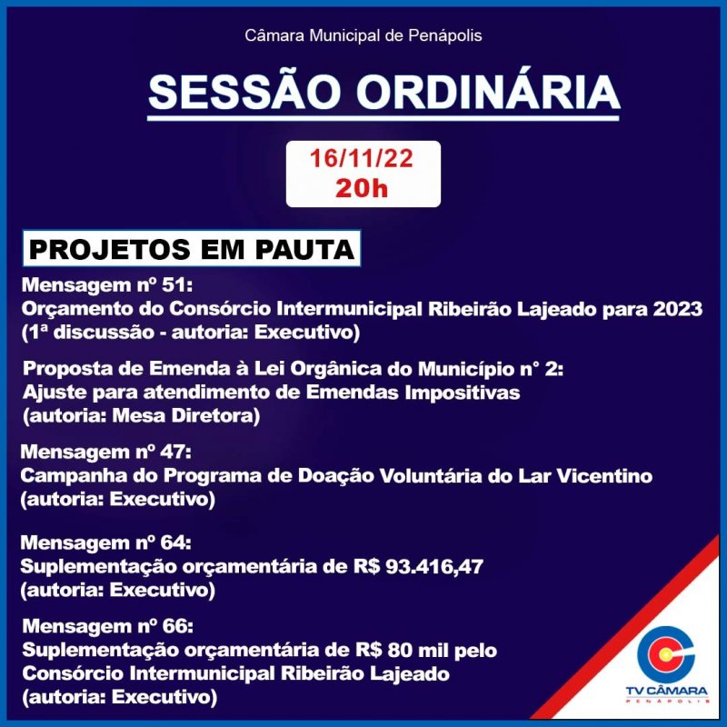 Câmara Municipal votará cinco projetos em sessão na quarta-feira