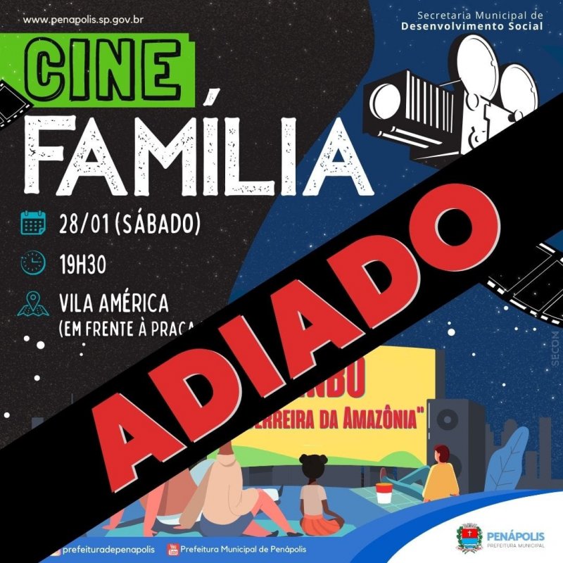 Cine Família deste sábado é adiado devido previsão de chuva