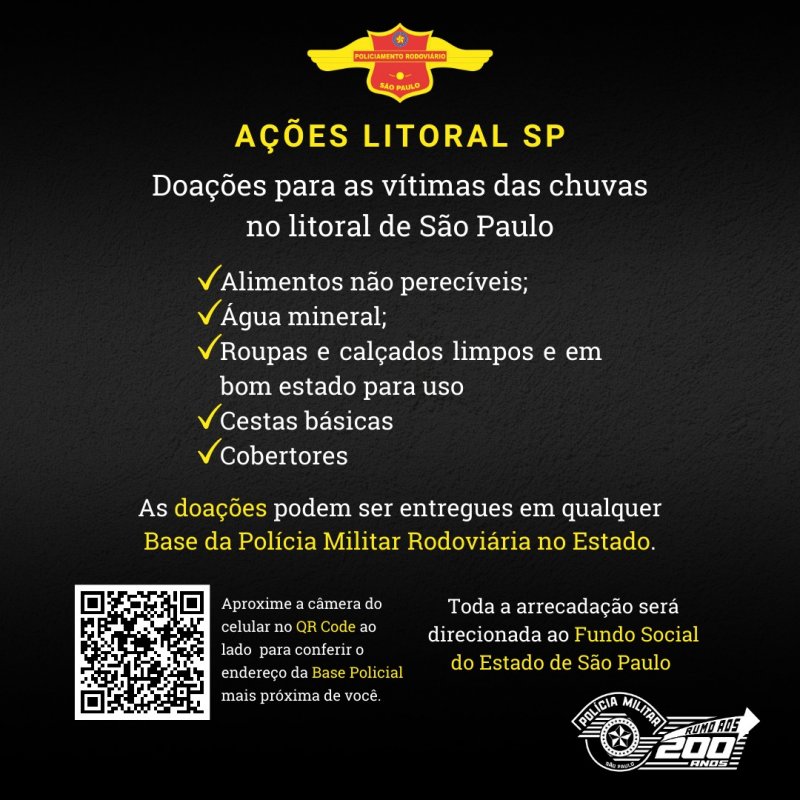 Base da Polícia Rodoviária de Penápolis recebe doações para vítimas do litoral de SP