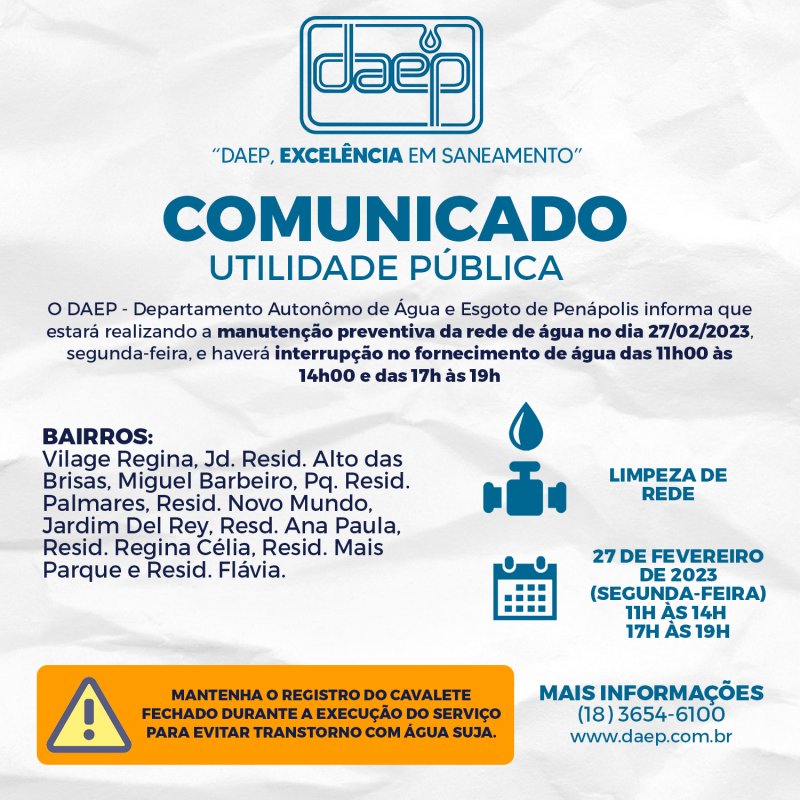Daep comunica interrupção de água segunda-feira