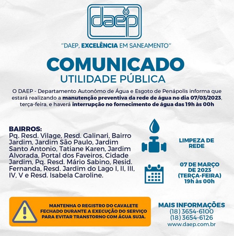 Daep comunica interrupção no fornecimento de água nesta terça-feira