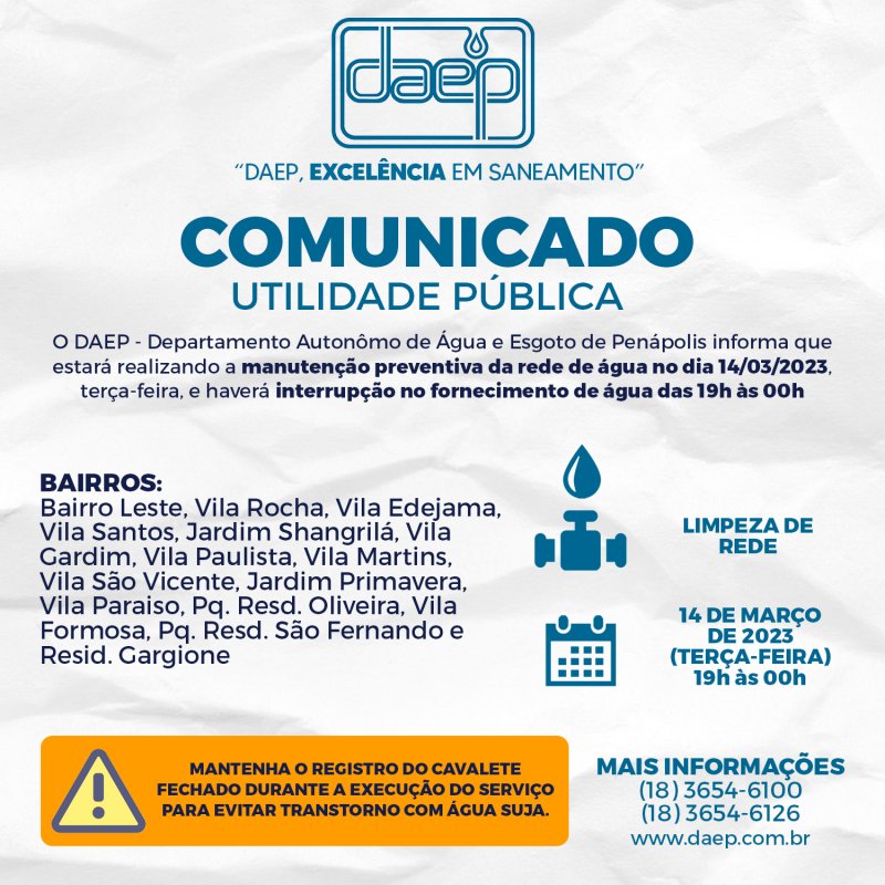 Daep comunica interrupção no fornecimento de água em alguns bairros na próxima terça