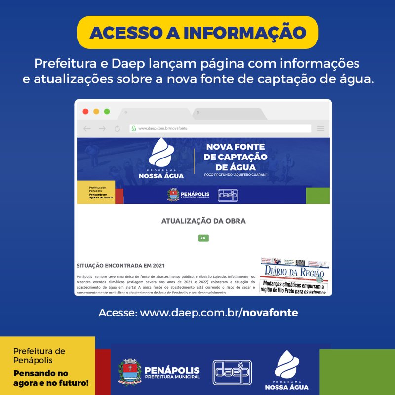 Prefeitura e Daep lançam página com  informações e atualizações sobre a nova fonte de captação de água