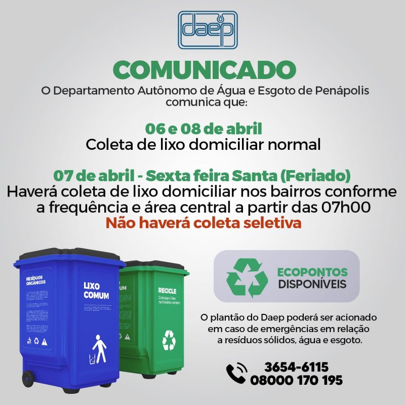 Daep comunica coleta de lixo neste feriadão