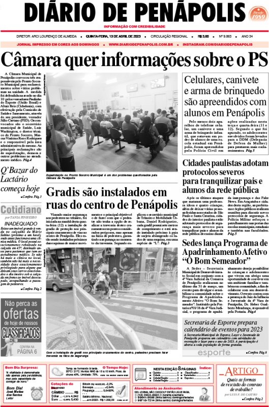 Capa do jornal DIÁRIO impresso desta quinta-feira (13)