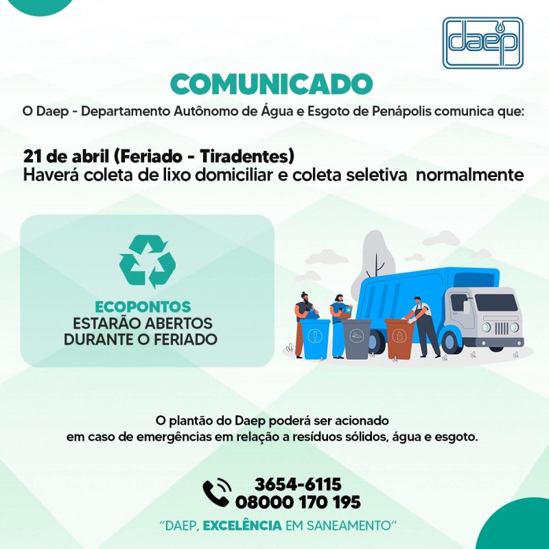 Daep informa que haverá coleta de lixo neste feriado