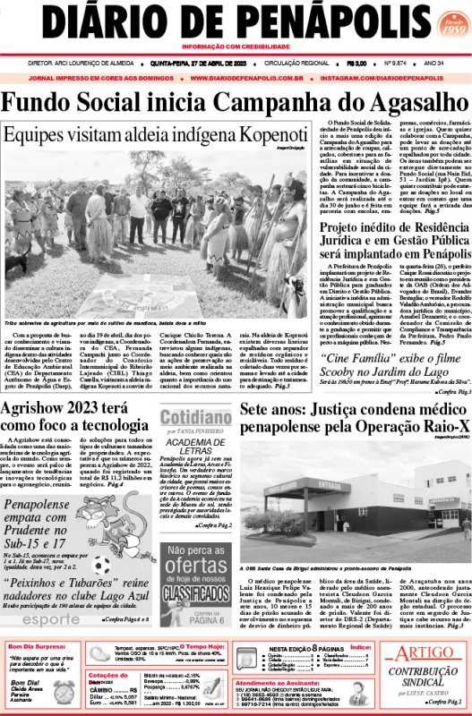 Capa do jornal DIÁRIO impresso desta quinta-feira (27)