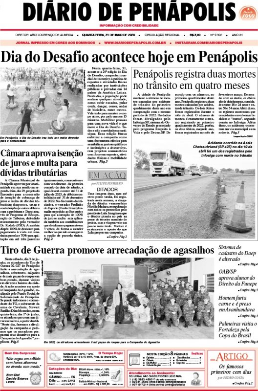 Capa do jornal DIÁRIO impresso desta quarta-feira (31)