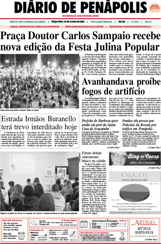 Capa do jornal DIÁRIO impresso desta terça-feira (20)