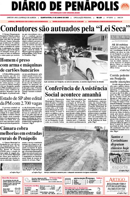 Capa do jornal DIÁRIO impresso desta quarta-feira (21)