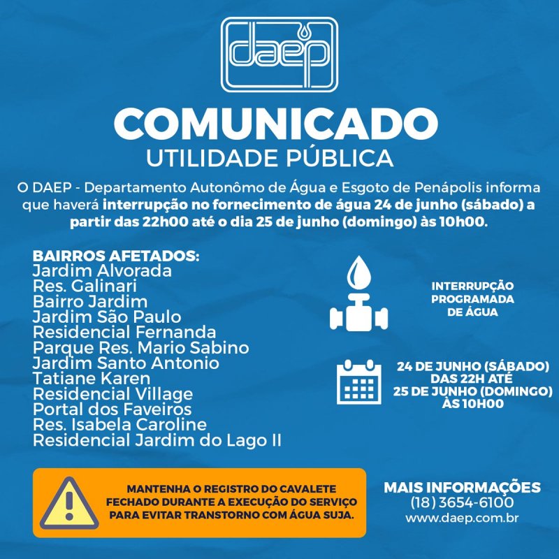 Daep comunica que haverá interrupção no fornecimento de água neste sábado